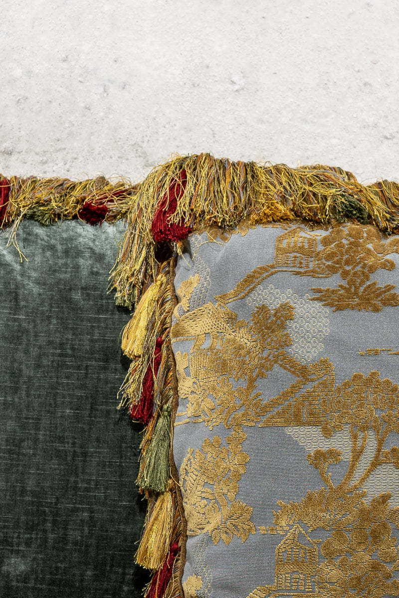 CUSHION - ECLECTIC - GREY/GOLD WITH FRINGES