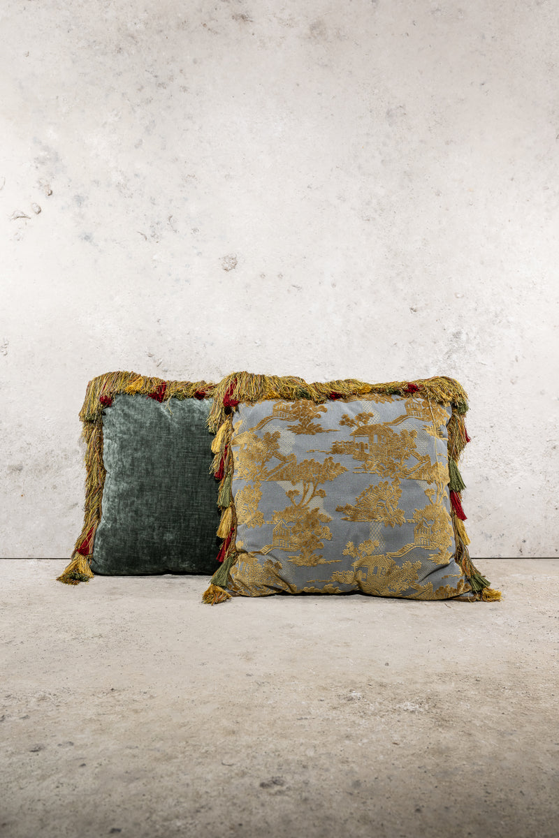 CUSHION - ECLECTIC - GREY/GOLD WITH FRINGES
